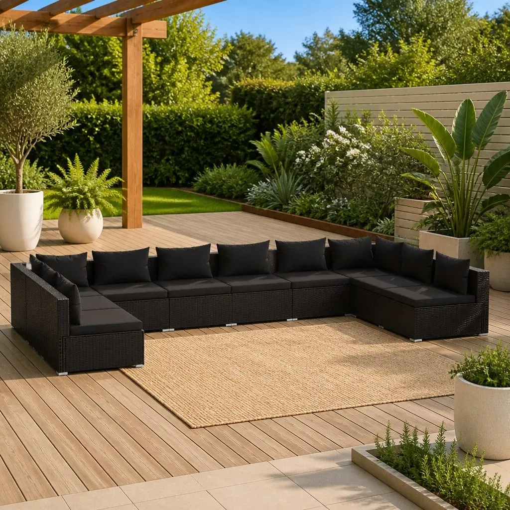 10 Piece Modular Outdoor Garden Lounge Set with Cushions Black
