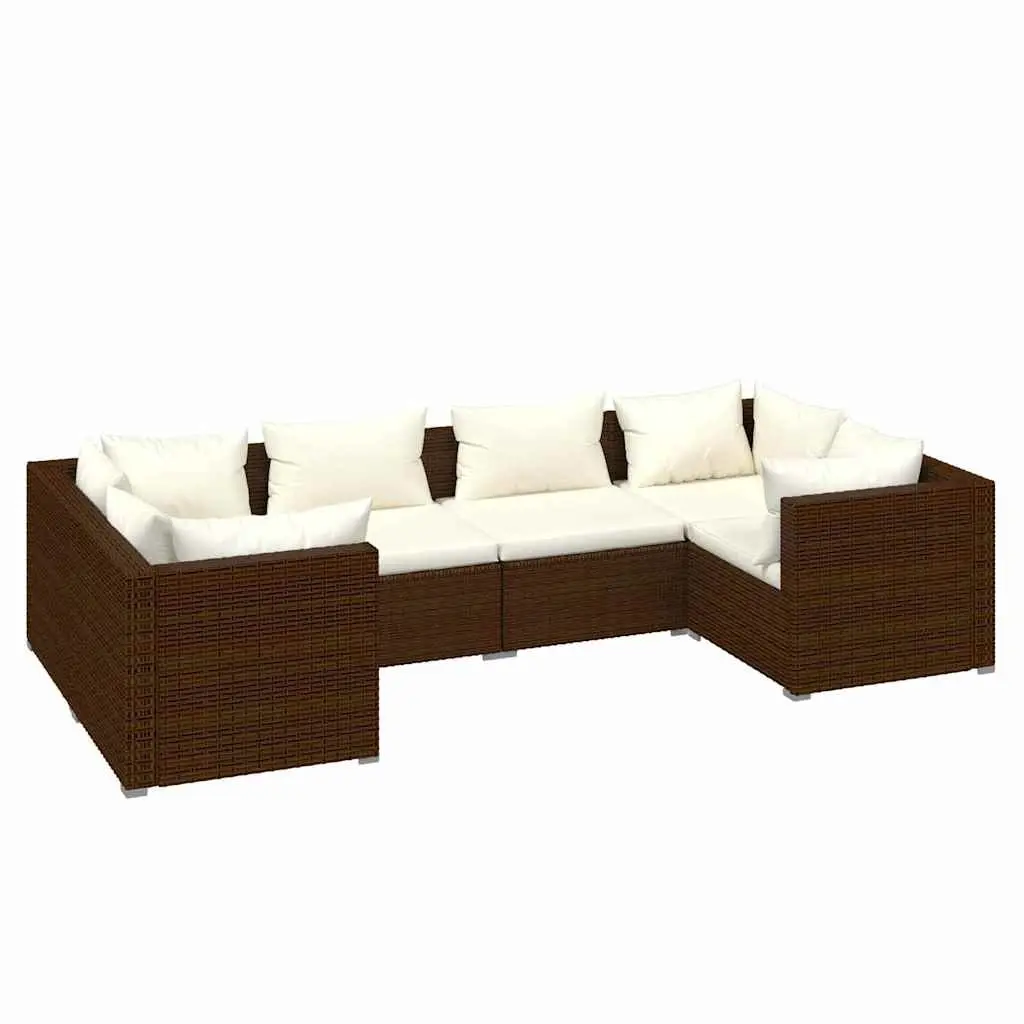 Modular 6 Piece Outdoor Lounge Set with Removable Brown Cushions Made of Water-Resistant Poly Rattan