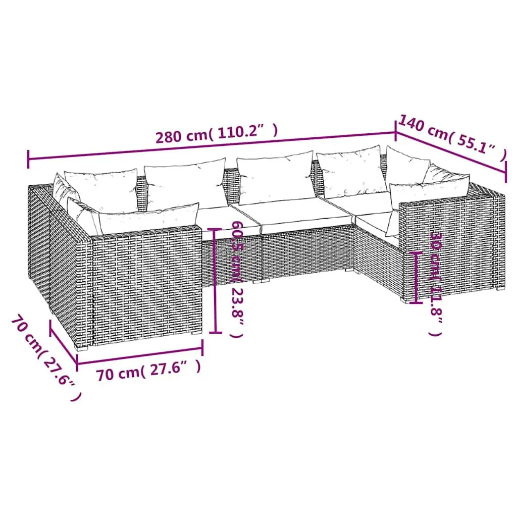 Modular 6 Piece Outdoor Lounge Set with Removable Brown Cushions Made of Water-Resistant Poly Rattan