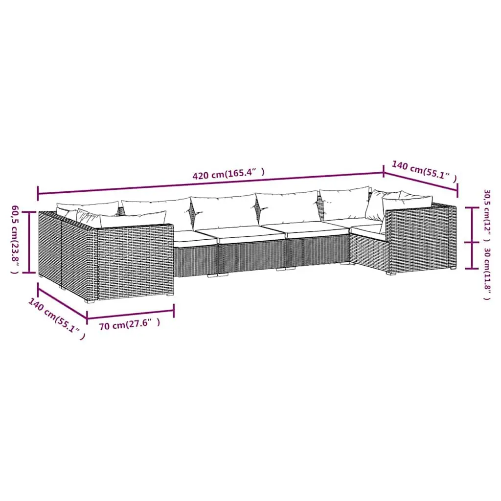 7 Piece Modular Black Poly Rattan Outdoor Garden Lounge Set