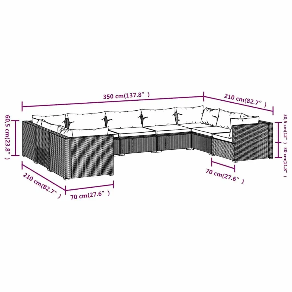 Outdoor Garden Lounge Set 9 Piece Poly Rattan Modular Patio Furniture with