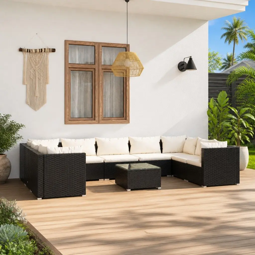 10 Piece Modular Patio Lounge Set Black Poly Rattan Outdoor Garden Furniture