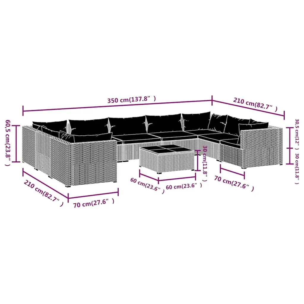 10 Piece Modular Patio Lounge Set Black Poly Rattan Outdoor Garden Furniture