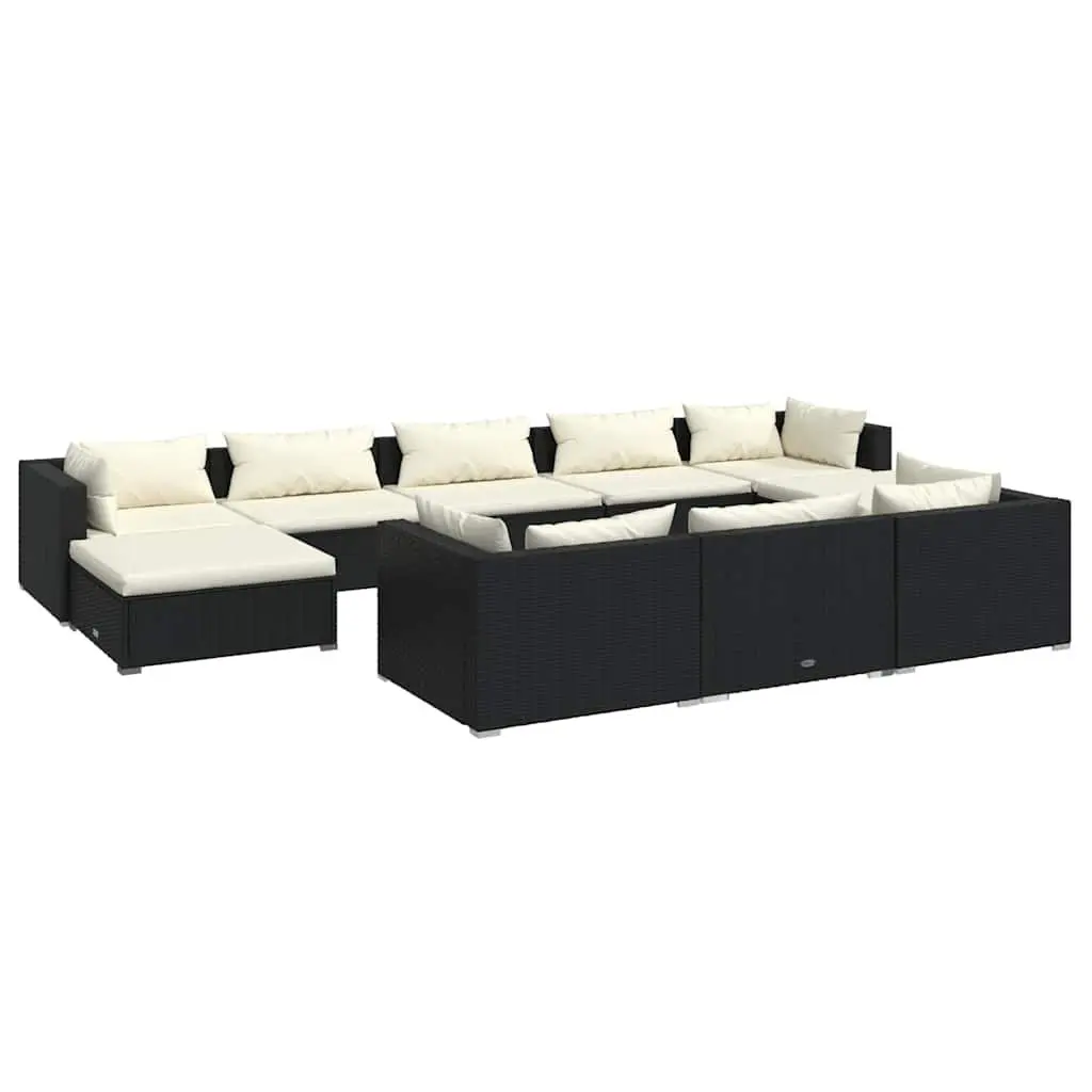 10 Piece Modular Outdoor Garden Lounge Set with Cushions Black Poly Rattan