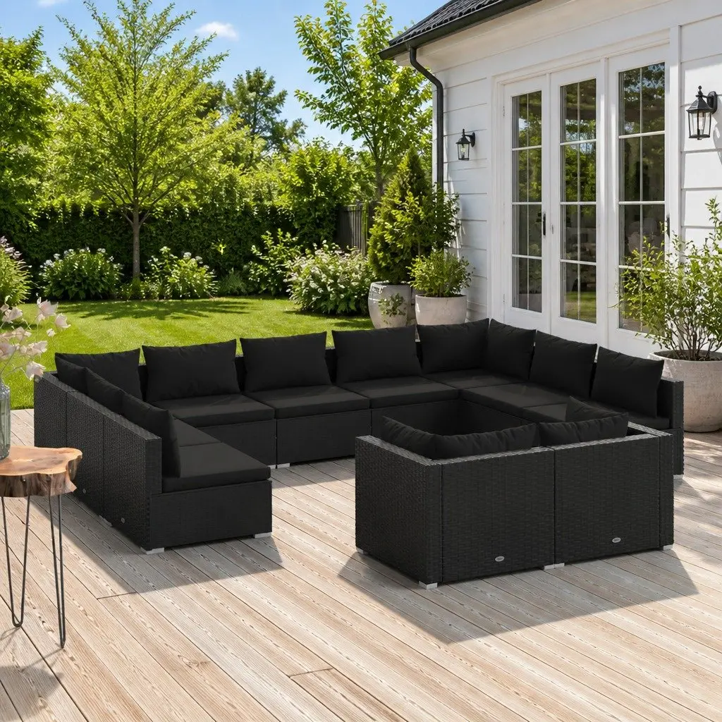 Garden Lounge Set 11 Piece Outdoor Furniture Black Poly Rattan Sofa Cushions