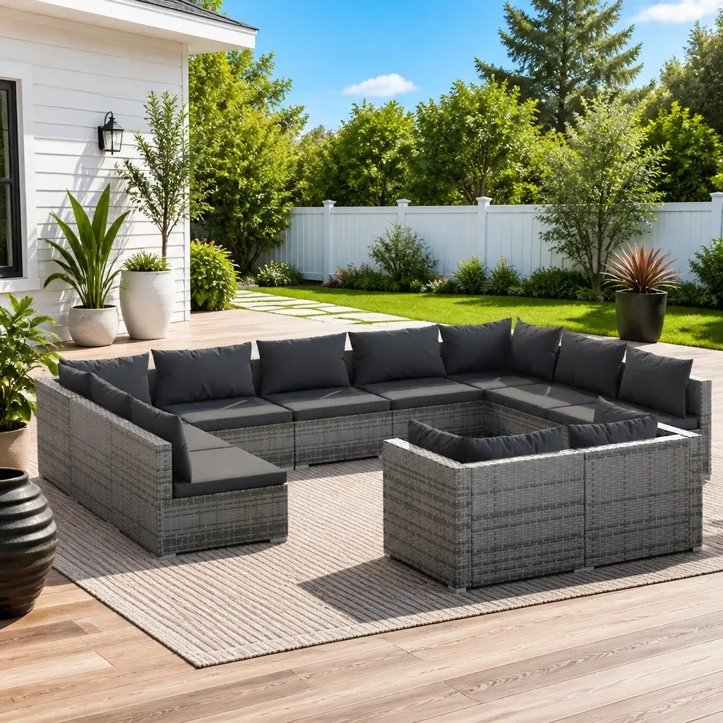 Modular Outdoor Garden Lounge Set 11 Piece Grey Poly Rattan Furniture with Removable Thick Cushions