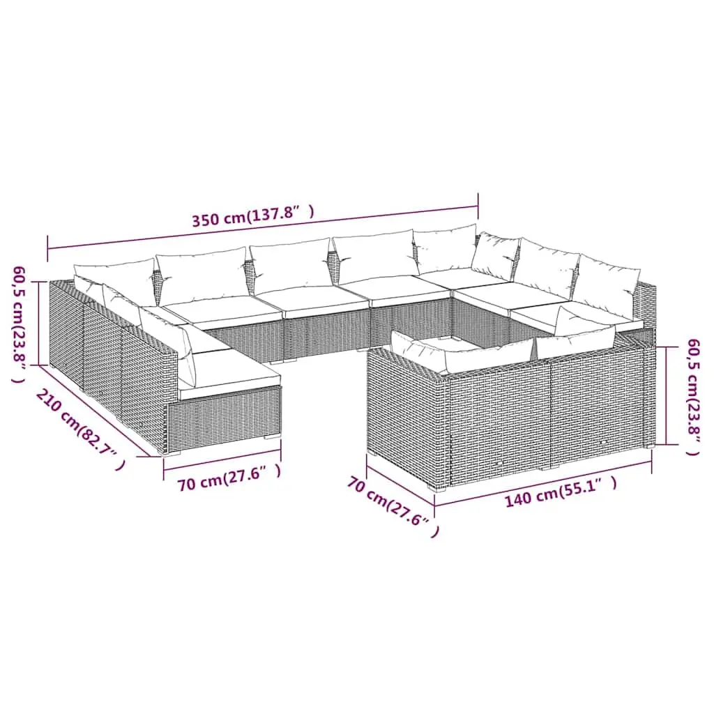 Modular Outdoor Garden Lounge Set 11 Piece Grey Poly Rattan Furniture with Removable Thick Cushions