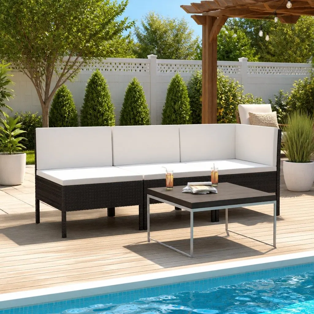 Garden Lounge Set Black Poly Rattan 3 Piece Outdoor Furniture