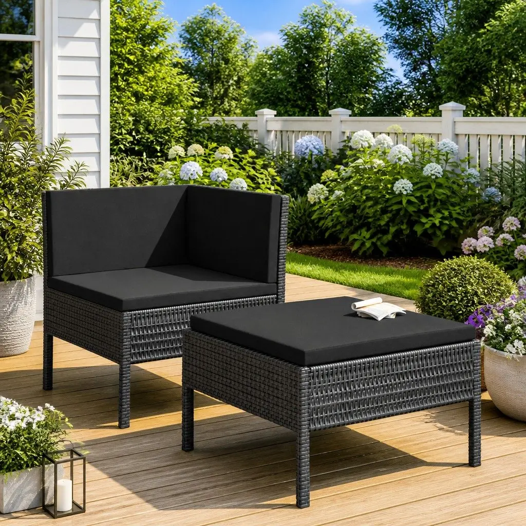Garden Lounge Set Outdoor Furniture PE Rattan Cushions Black 2 Piece