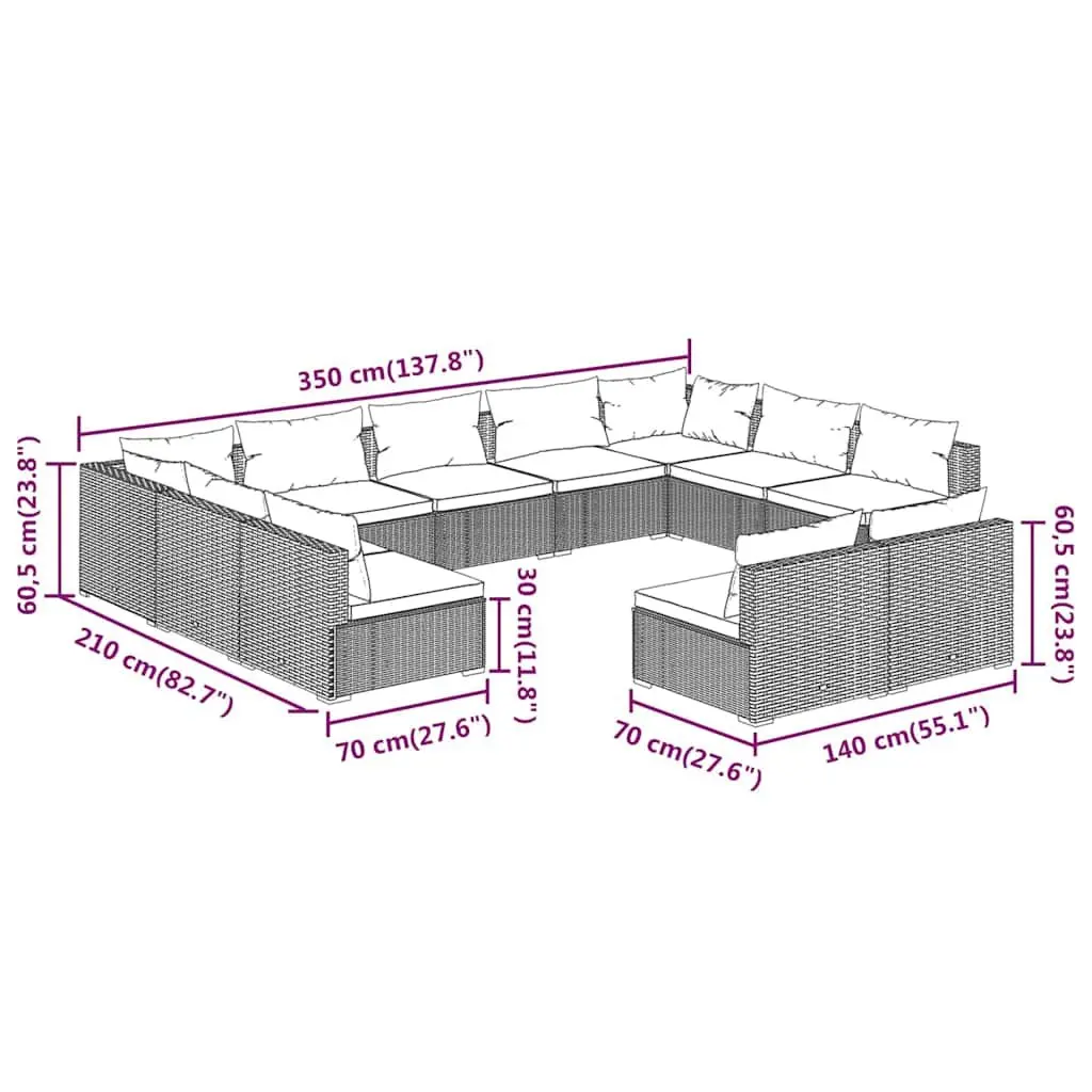 Garden Lounge Set 11 Piece Brown Poly Rattan Outdoor Furniture with Cushions