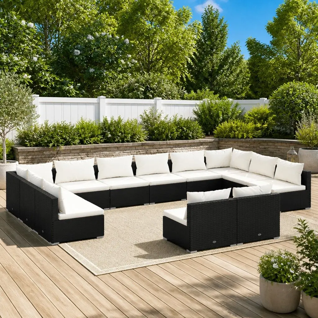 12 Piece Modular Outdoor Garden Lounge Set with Cushions Black Poly Rattan