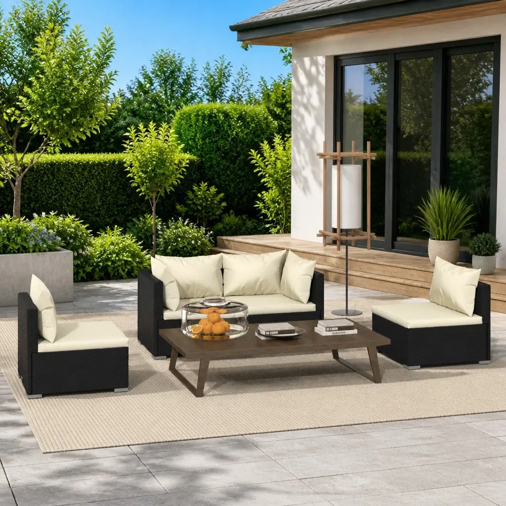 Garden Lounge Set 4 Piece Outdoor Patio Furniture Black Poly Rattan Sofa with