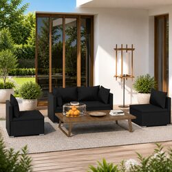 Garden Lounge Set 4 Piece Outdoor Patio Furniture PE Rattan Black with Cushions