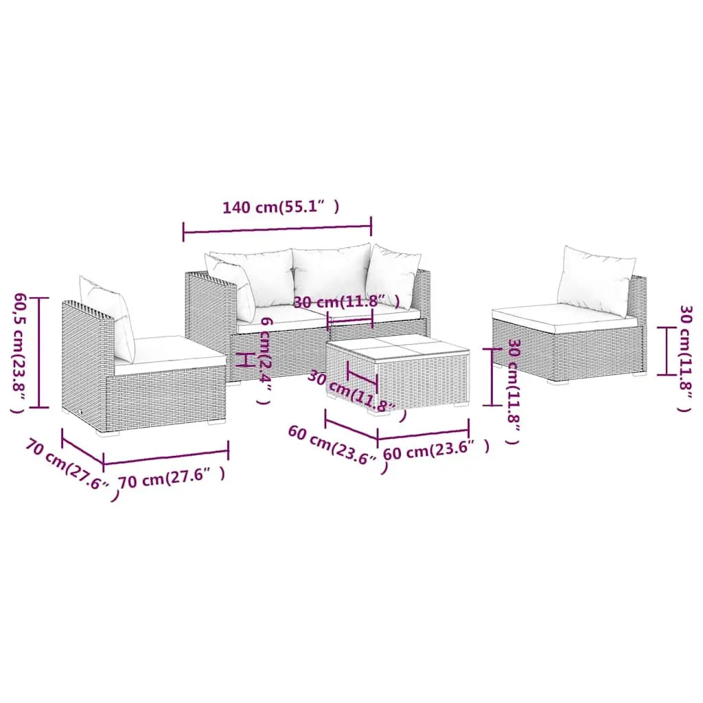 Garden Lounge Set 5 Piece Grey Rattan Outdoor Patio Furniture with Removable Cushions