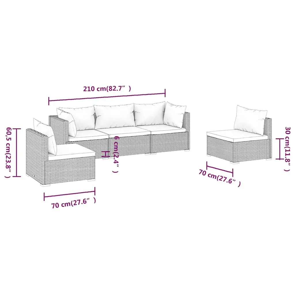 5 Piece Modular Rattan Sofa Set for Outdoor Garden and Patio Black