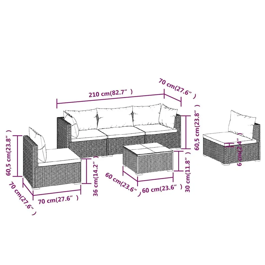 Outdoor Modular Sofa Set 6 Piece Black Rattan Garden Lounge Furniture