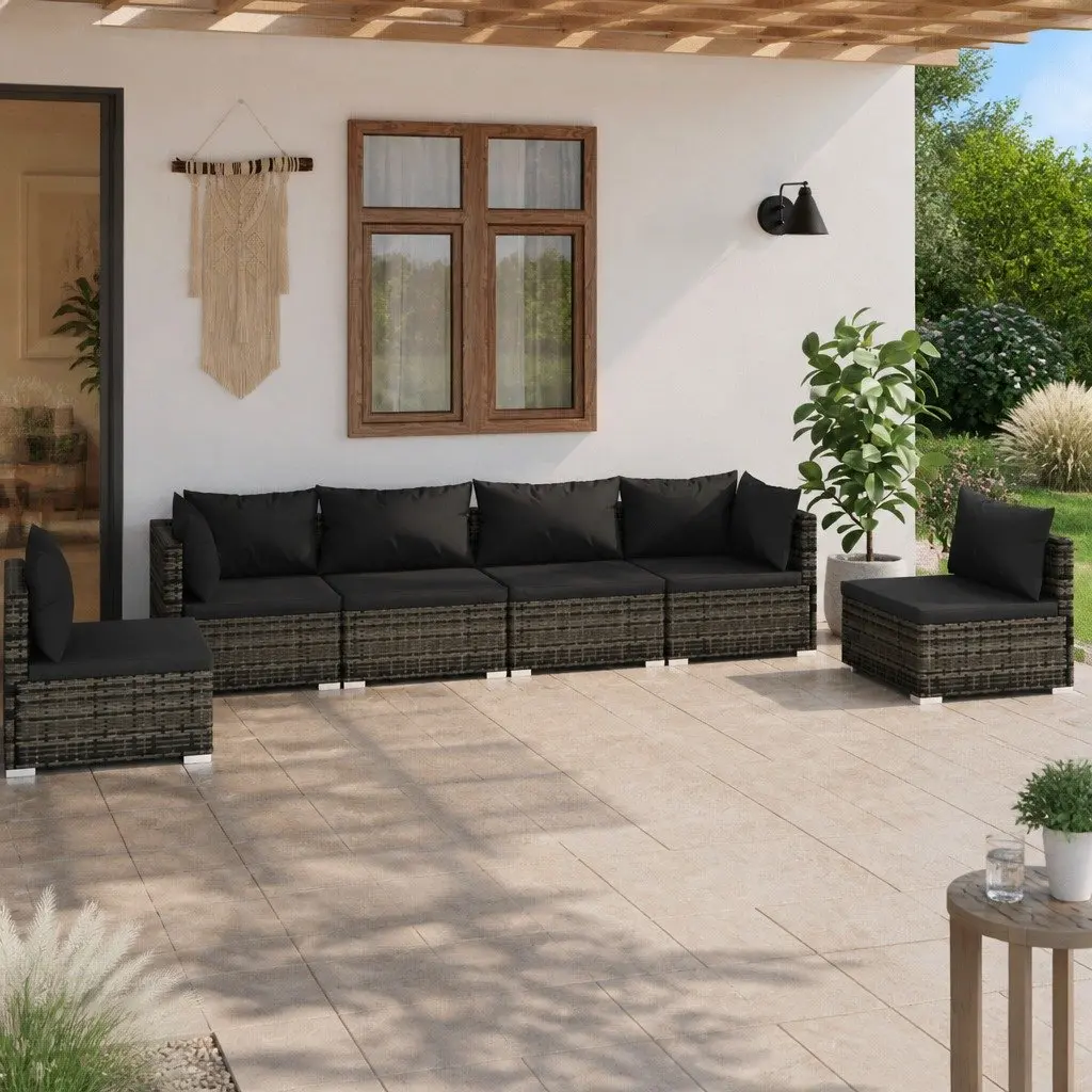 Outdoor Furniture Set 6 Piece Modular Grey Rattan Lounge with Cushions