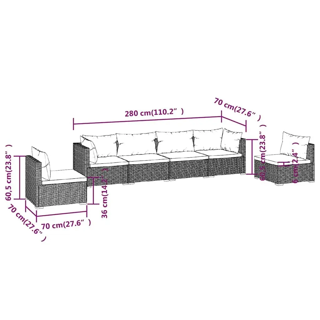 Outdoor Furniture Set 6 Piece Modular Grey Rattan Lounge with Cushions