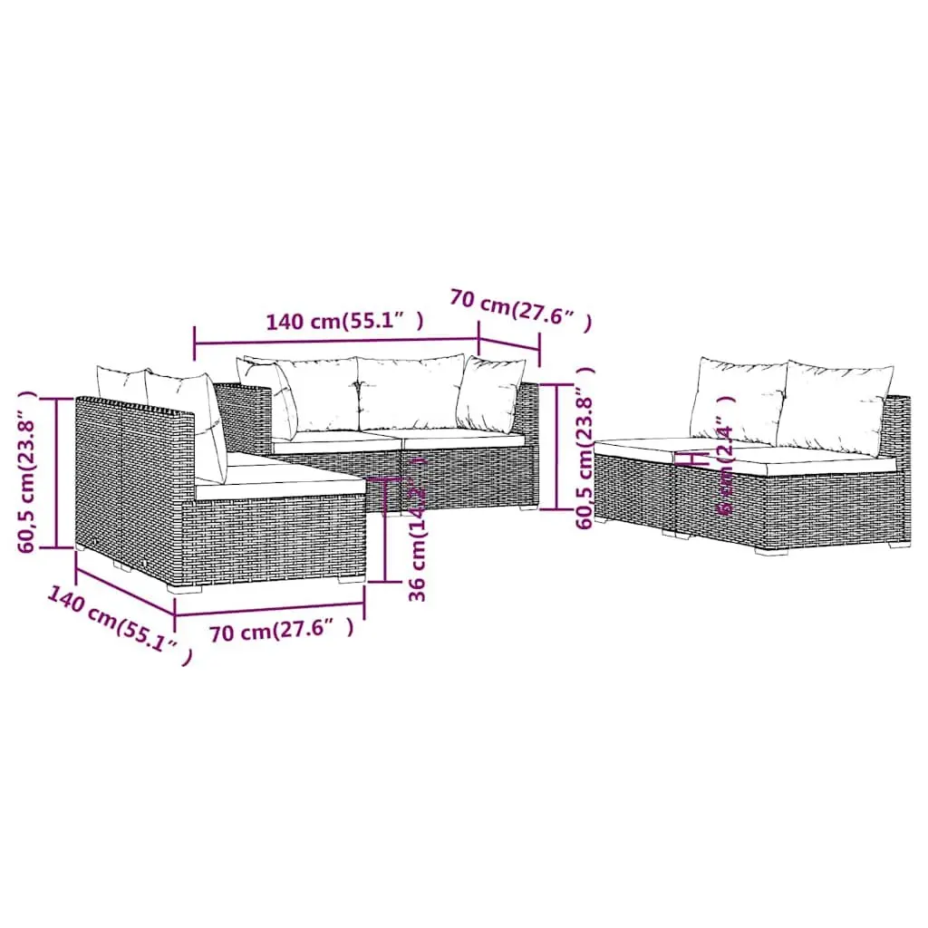 Garden Lounge Set 6 Piece Outdoor Patio Furniture PE Rattan Modular Black Sofa