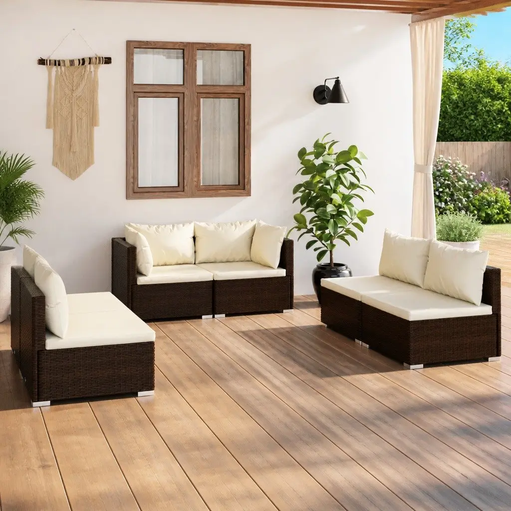 Modular Garden Lounge Set Outdoor Furniture 6 Piece Brown Rattan Patio Sofa