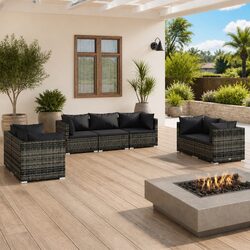 Garden Lounge Set 7 Piece Outdoor Patio Furniture Grey Rattan Sofa with Cushions