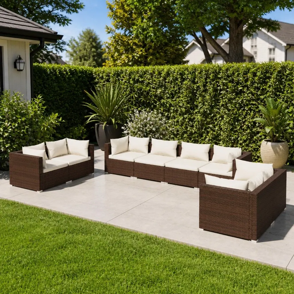 Garden Lounge Set 8 Piece Outdoor Patio Furniture with Cushions Brown Rattan