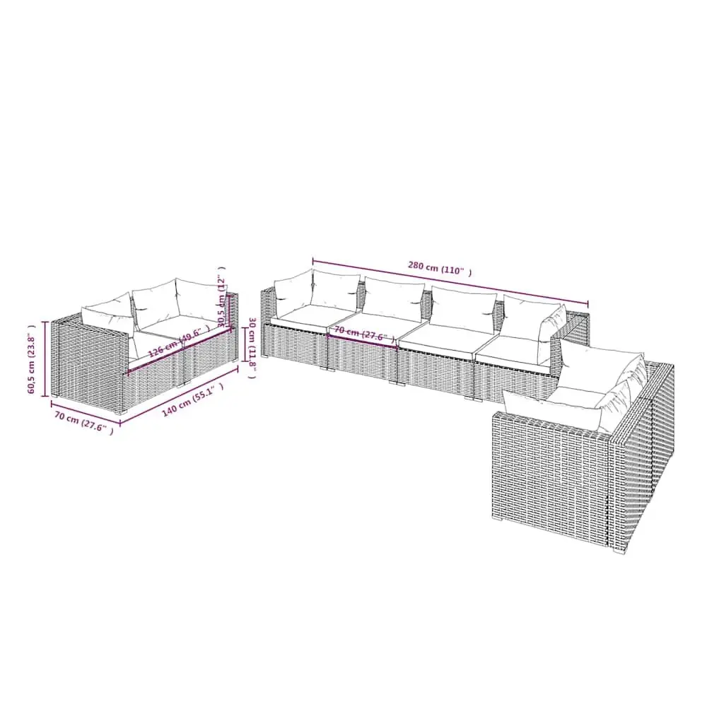 Garden Lounge Set 8 Piece Outdoor Patio Furniture with Cushions Brown Rattan