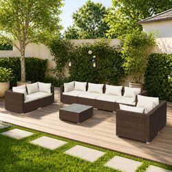 Garden Lounge Set 9 Piece Outdoor Patio Furniture Brown Rattan Sofa with