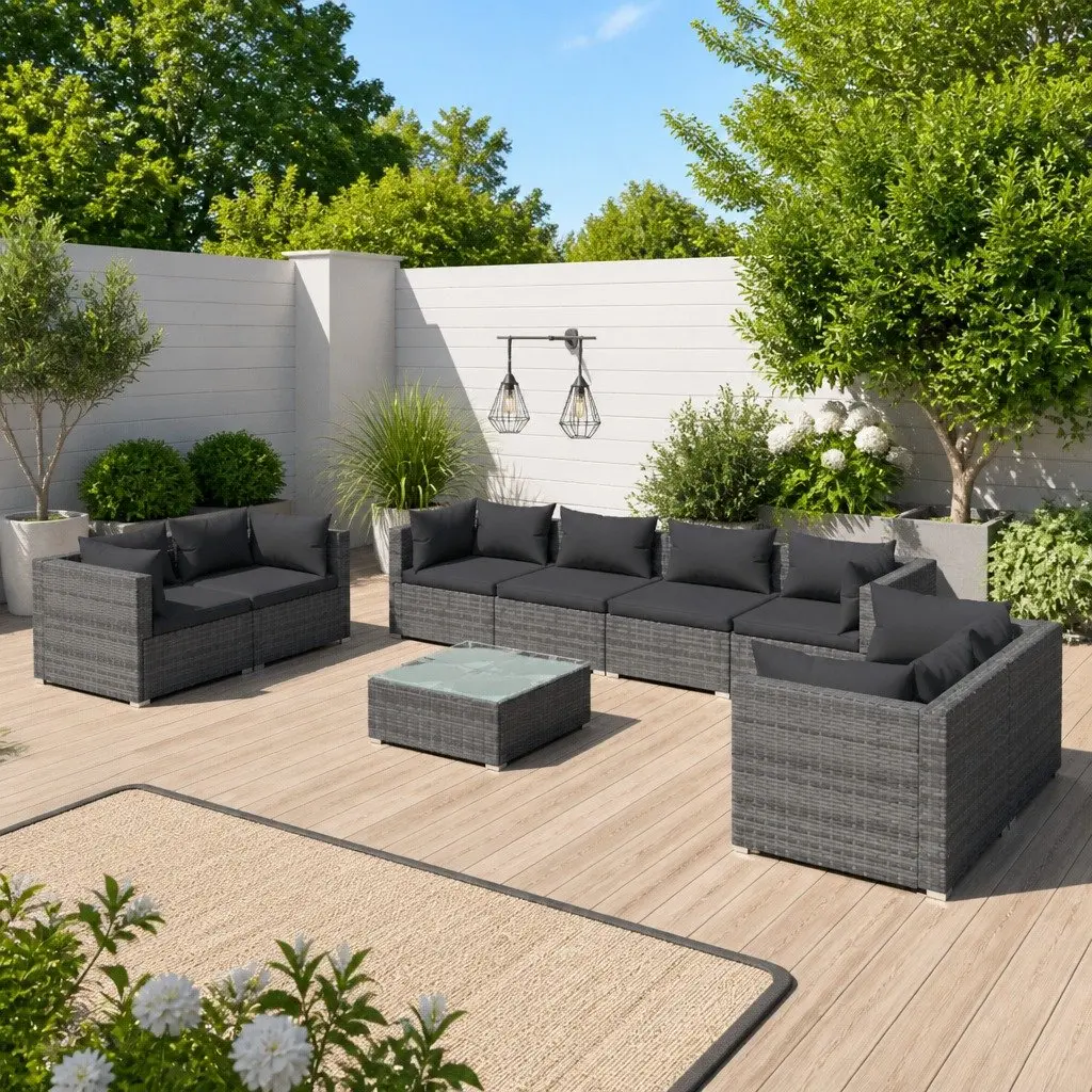 Garden Lounge Set 9 Piece Outdoor Patio Furniture Grey Rattan Sofa with Cushions