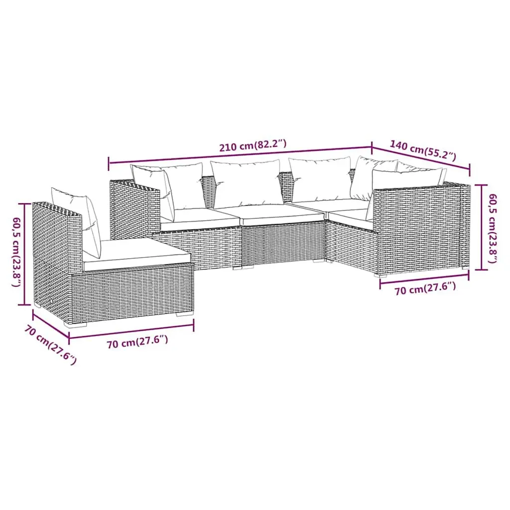 Garden Lounge Set 5 Piece Outdoor Furniture Water-Resistant Poly Rattan Brown Patio Sofa
