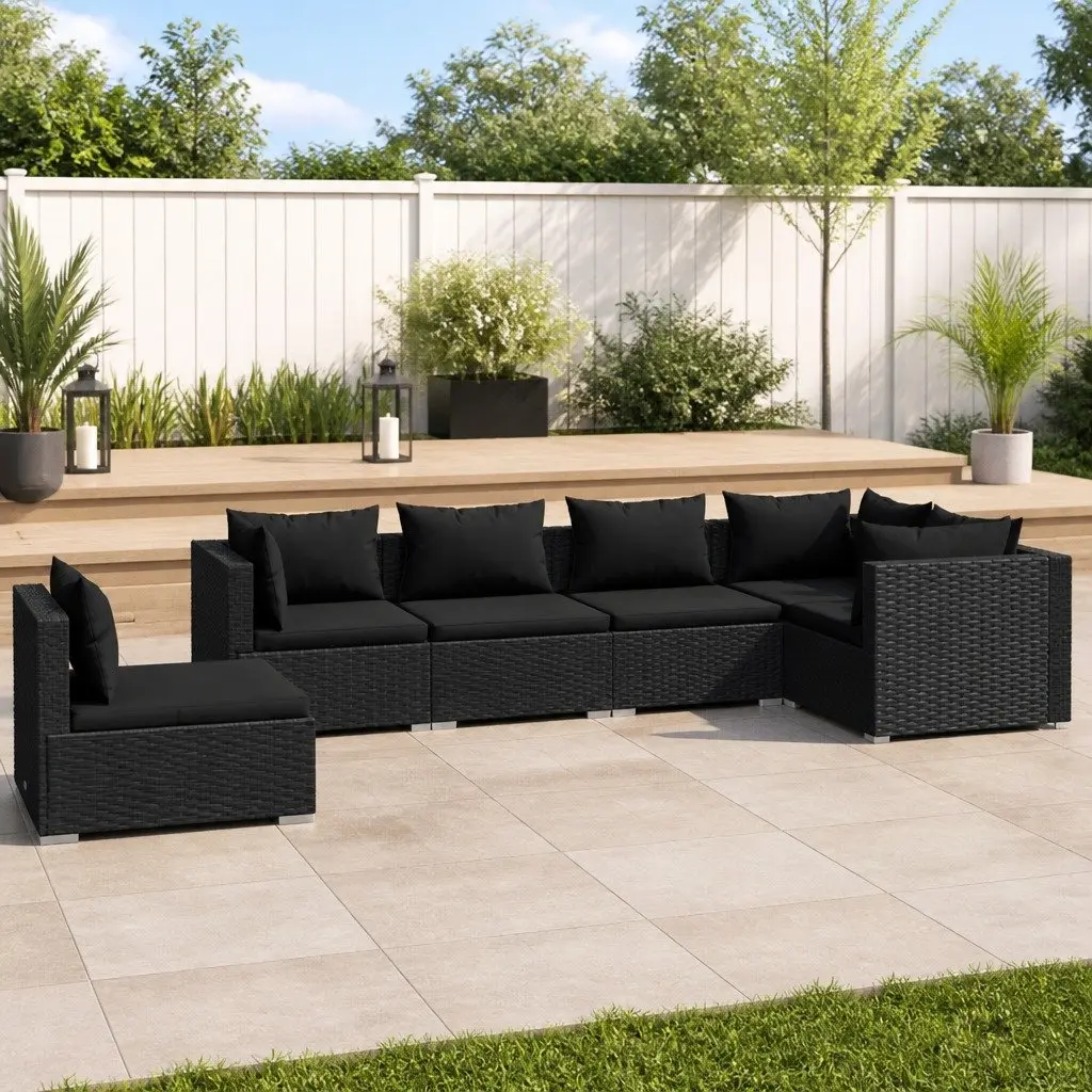 6 Piece Garden Lounge Set with Cushions PE Rattan Outdoor Patio Black Furniture