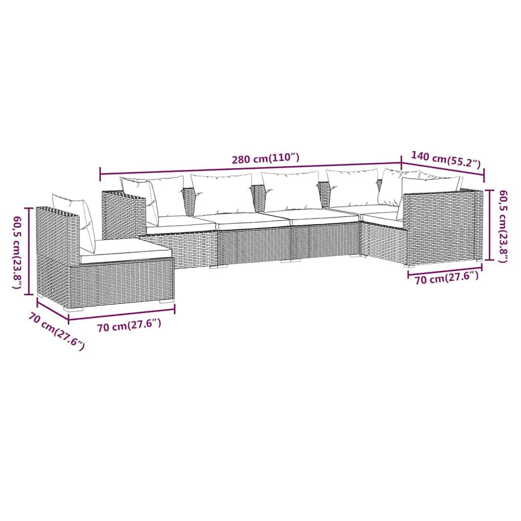 6 Piece Garden Lounge Set with Cushions PE Rattan Outdoor Patio Black Furniture