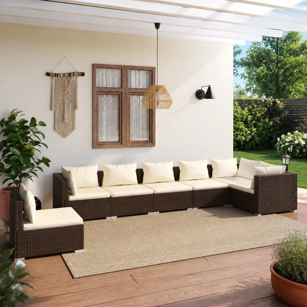 7 Piece Garden Lounge Set Brown PE Rattan Modular Patio Furniture with Cushions