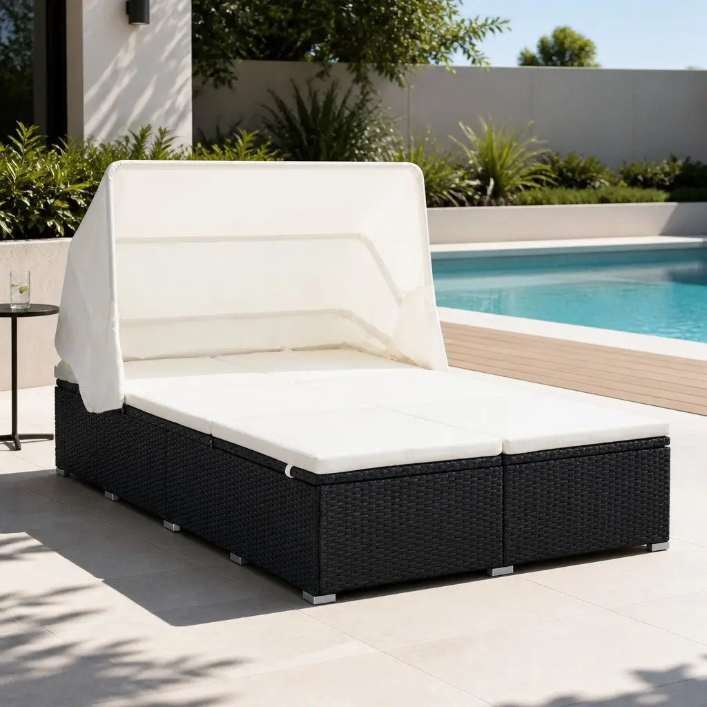 2-Person Sunbed Lounger with Cushion Foldable Roof Outdoor Patio Garden