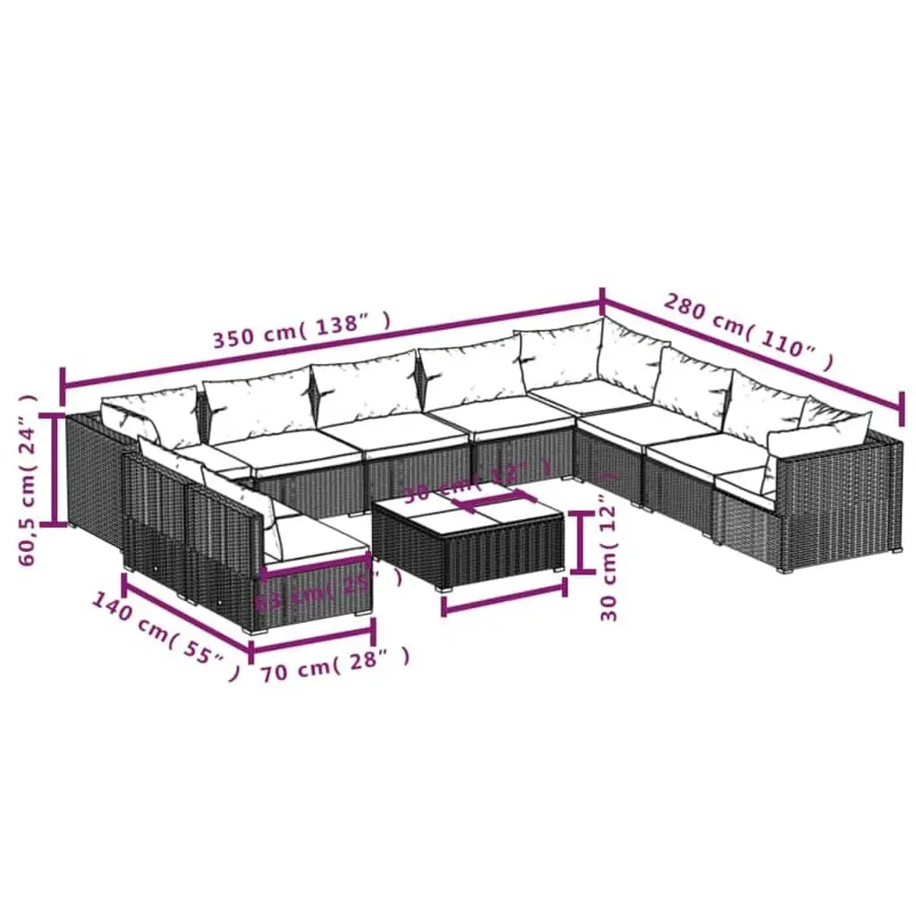 Garden Lounge Set 11 Piece Poly Rattan Outdoor Furniture Brown Cushions Modular