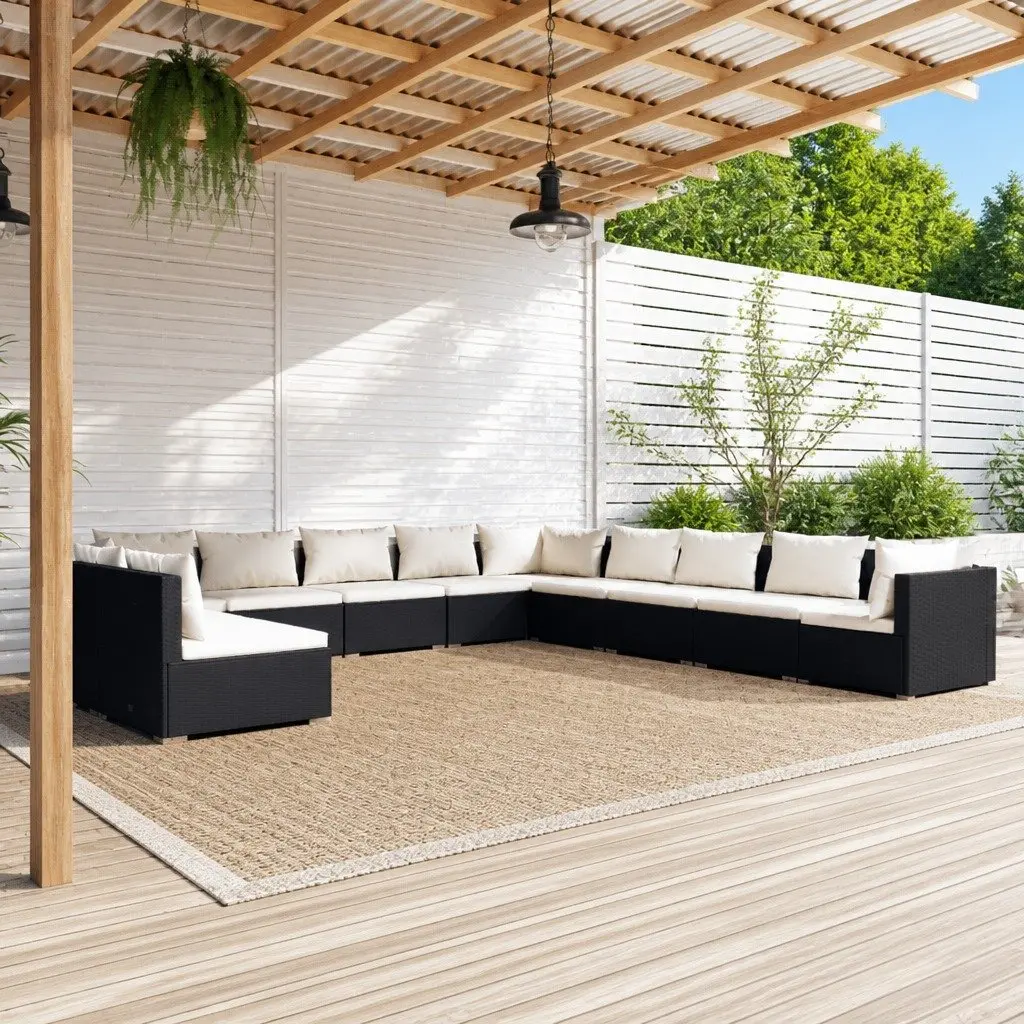 Garden Lounge Set 11 Piece Black Poly Rattan Patio Furniture with Cushions