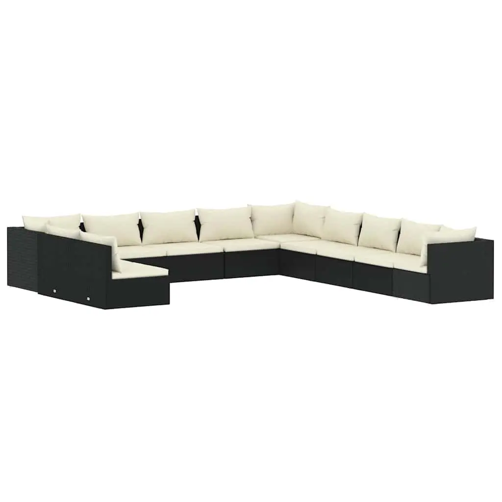 Garden Lounge Set 11 Piece Black Poly Rattan Patio Furniture with Cushions