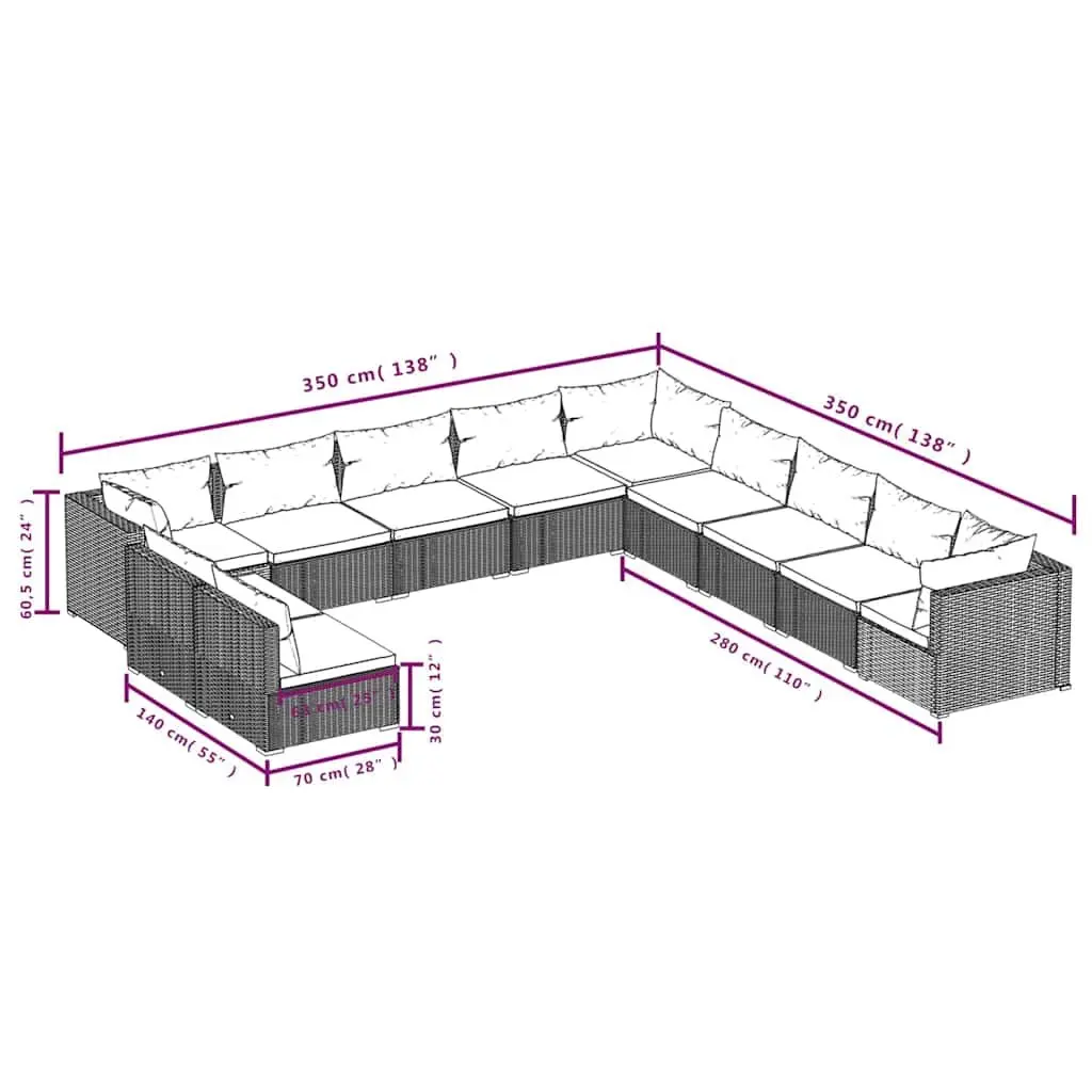 Garden Lounge Set 11 Piece Black Poly Rattan Patio Furniture with Cushions