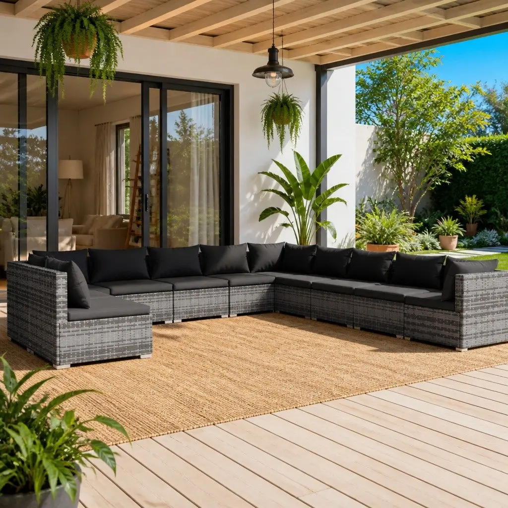 Outdoor Patio Furniture Modular Garden Lounge Set 11 Piece Grey Poly Rattan with Removable Cushions