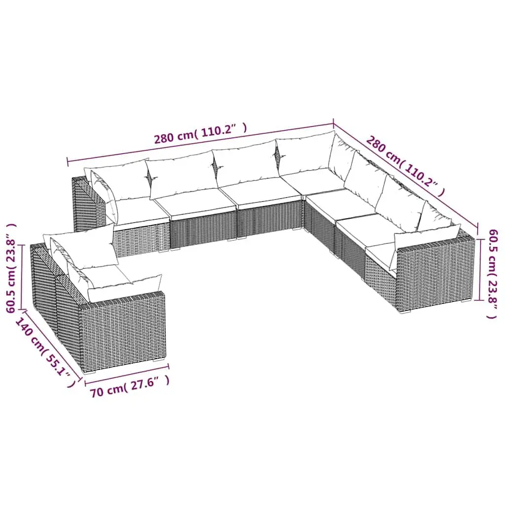 9 Piece Modular Sofa Set Black Poly Rattan Outdoor Furniture Garden Lounge
