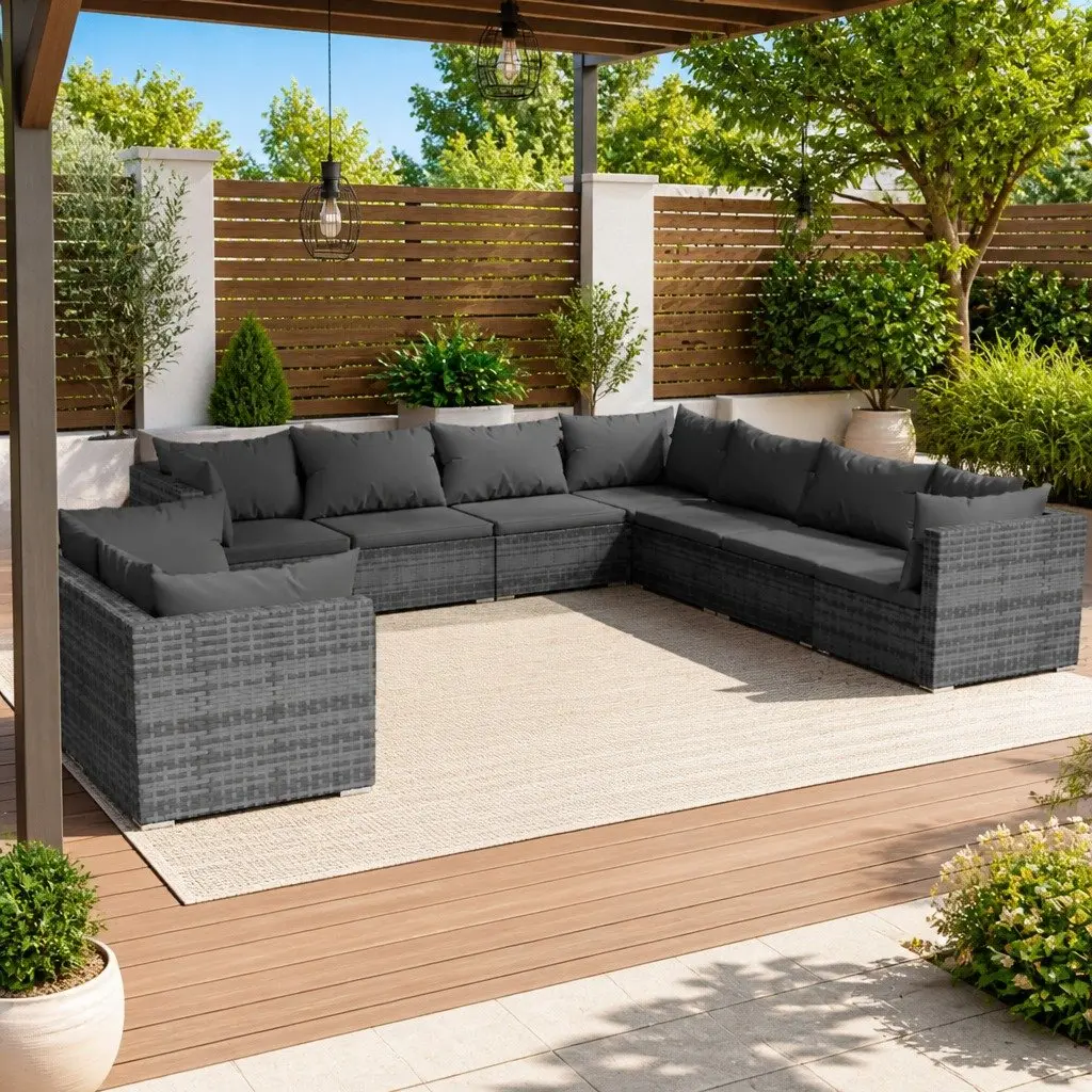Garden Lounge Set 9 Piece Outdoor Furniture Poly Rattan Grey Patio Sofa Cushions