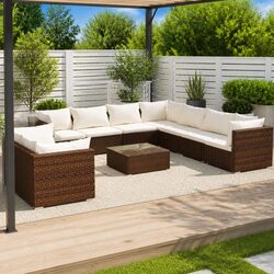 Garden Lounge Set 10 Piece Outdoor Furniture Poly Rattan Brown with Cushions