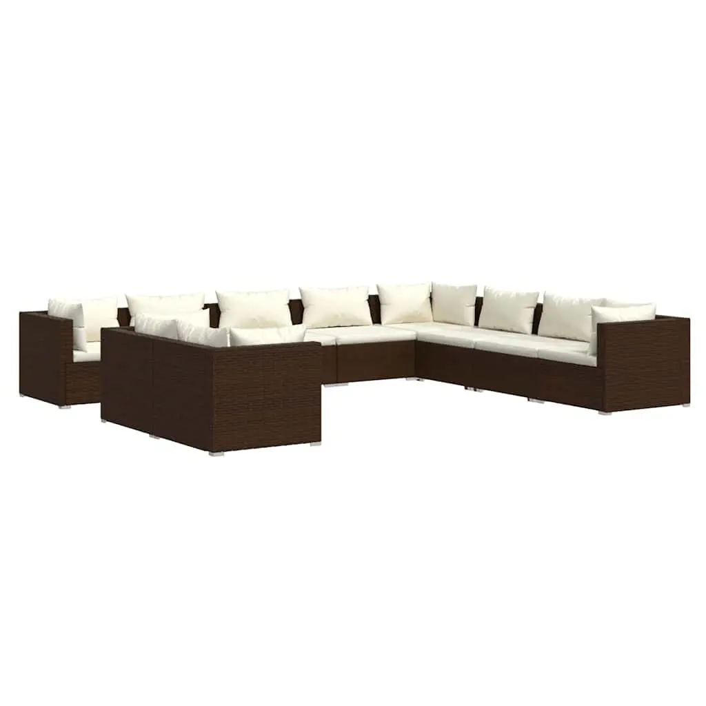 Modular Outdoor Sofa Set 10 Piece Brown Poly Rattan Garden Lounge with Water Resistant Cushions