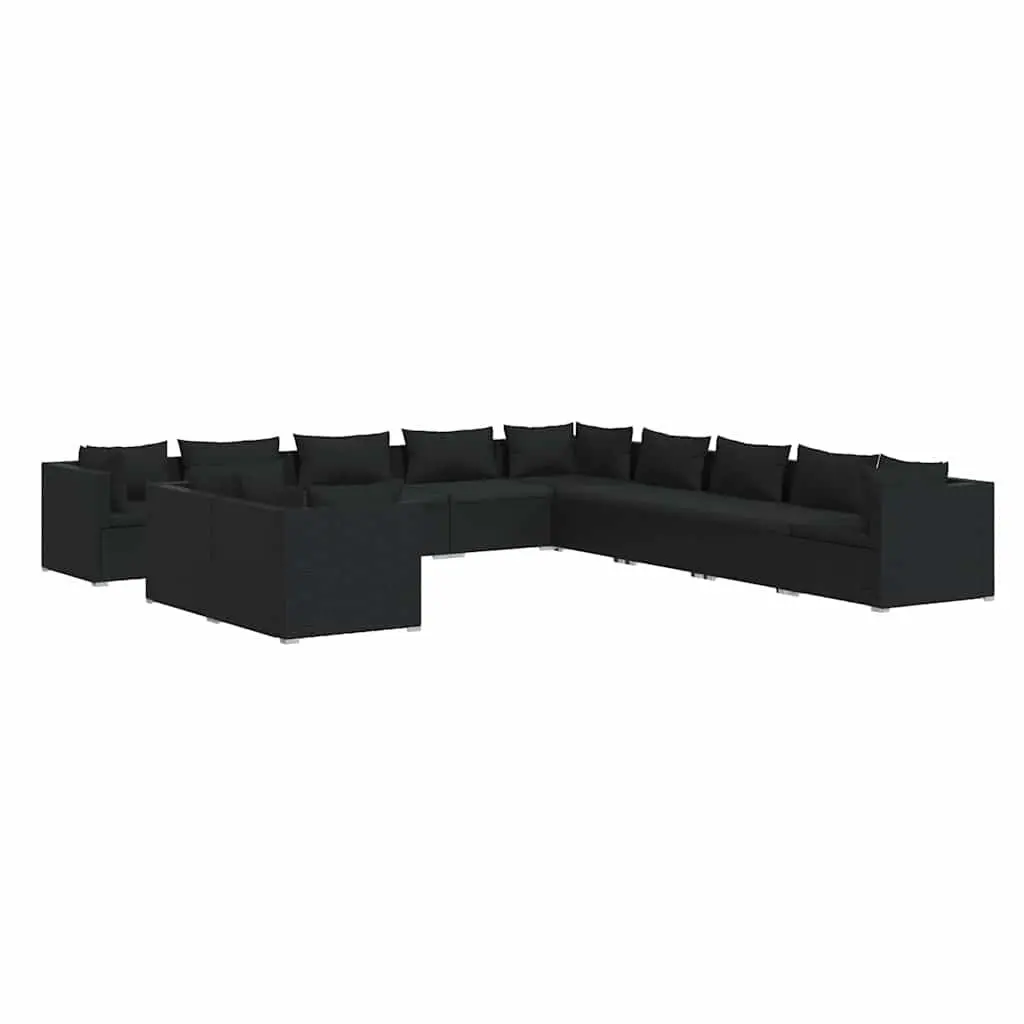 Modular Garden Lounge Set Black Poly Rattan with Cushions 11 Piece