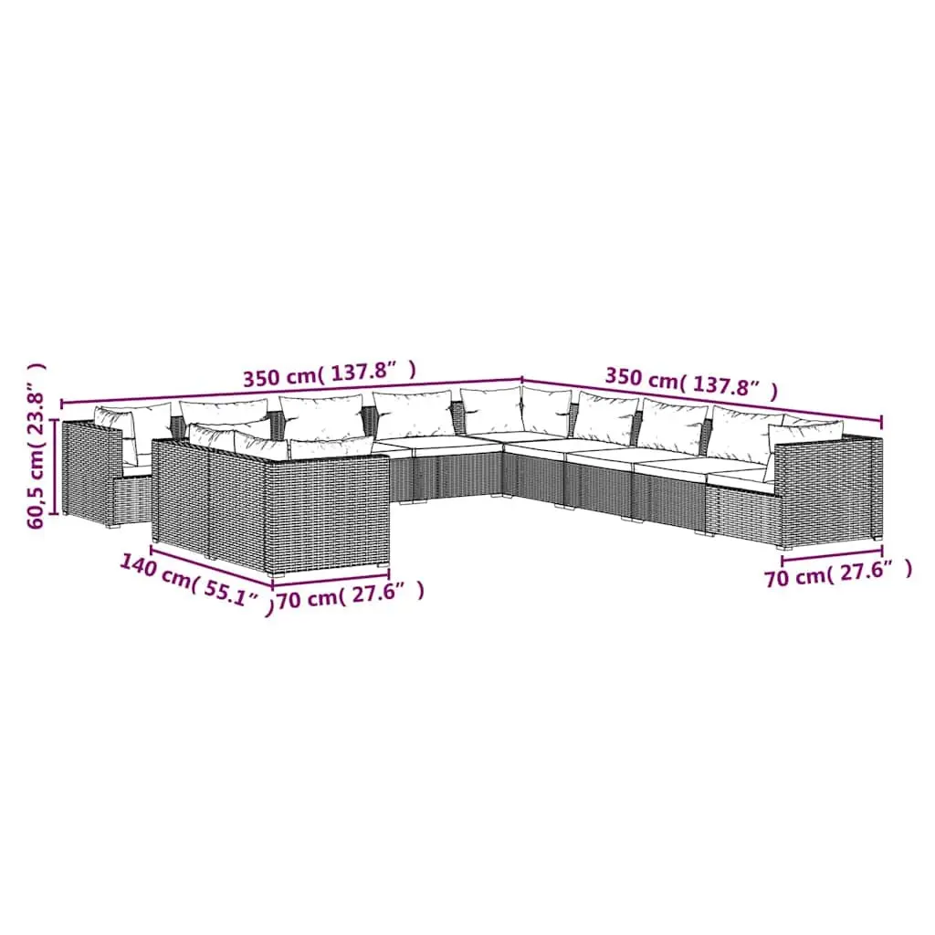 11 Piece Poly Rattan Garden Lounge Set with Cushions Brown Outdoor Furniture