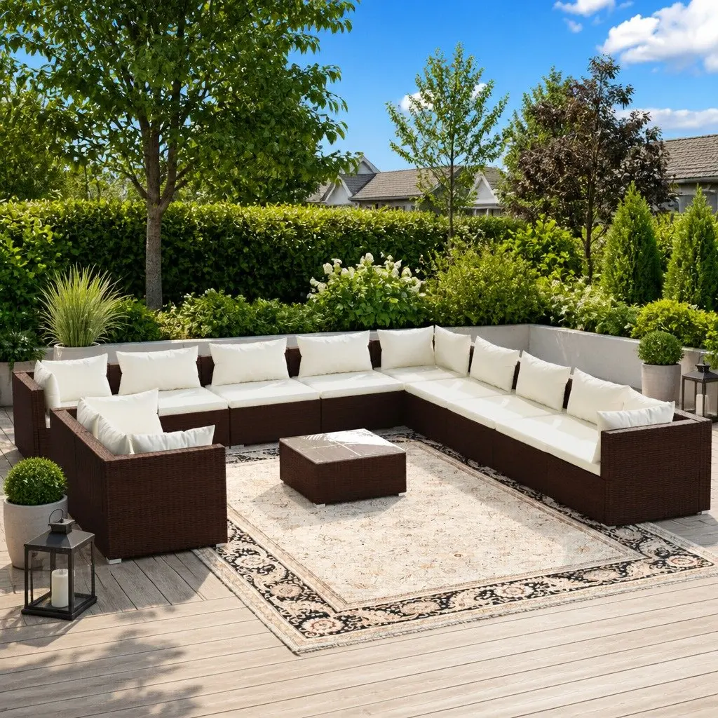12 Piece Poly Rattan Garden Lounge Set with Cushions Brown Outdoor Furniture