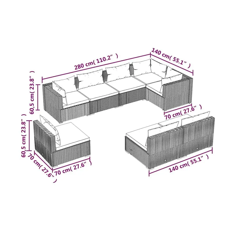 8 Piece Modular Outdoor Garden Lounge Set Poly Rattan with Cushions