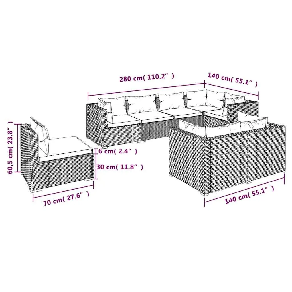 Garden Lounge Set 8 Piece Poly Rattan Outdoor Furniture Modular Patio Sofa with