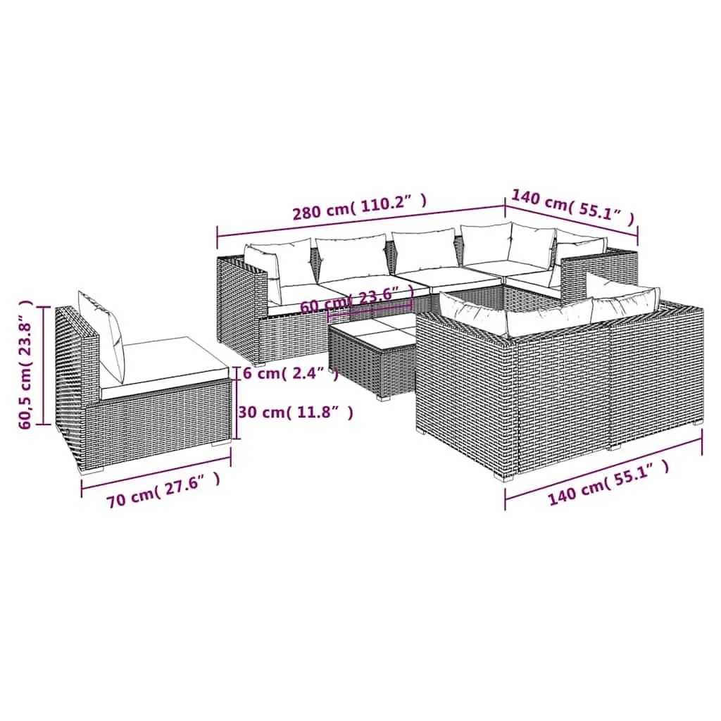 9 Piece Garden Lounge Set Modular Poly Rattan Outdoor Patio Furniture