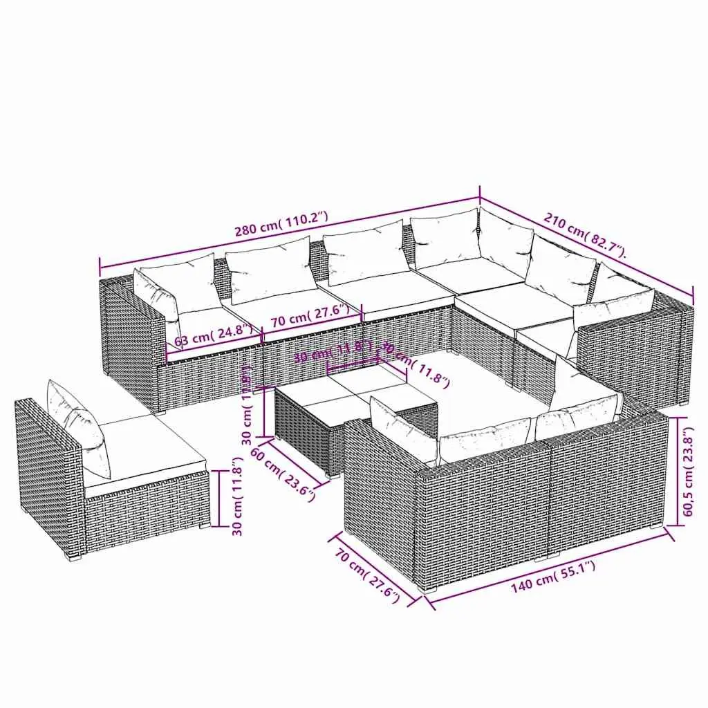 Poly Rattan Garden Lounge Set 10 Piece Outdoor Furniture Black with Cushions